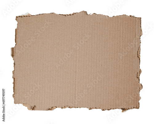 Part of cardboard box with torn rough edges isolated on white background. Kraft cardboard texture with copy space.