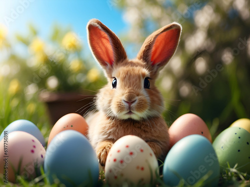 Easter bunny sitting on multi-colored Easter eggs  on the background of nature  for congratulations