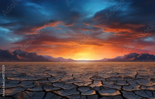 Fiery Sunset Over Cracked Desert and Mountains