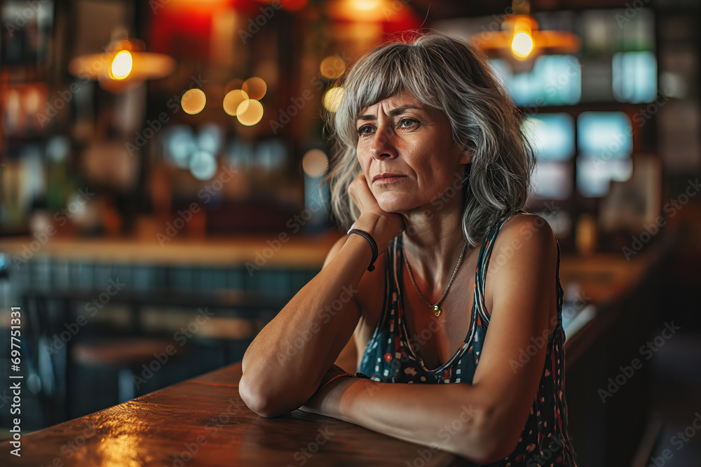 Moments of solitude: Mature woman reflecting in a crowded cafe