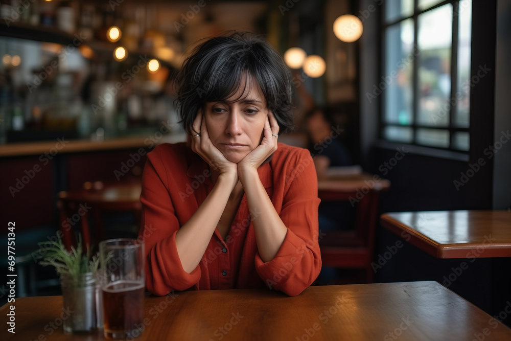 Middle-Aged Female Experiencing Solitude and Sadness in a Restaurant