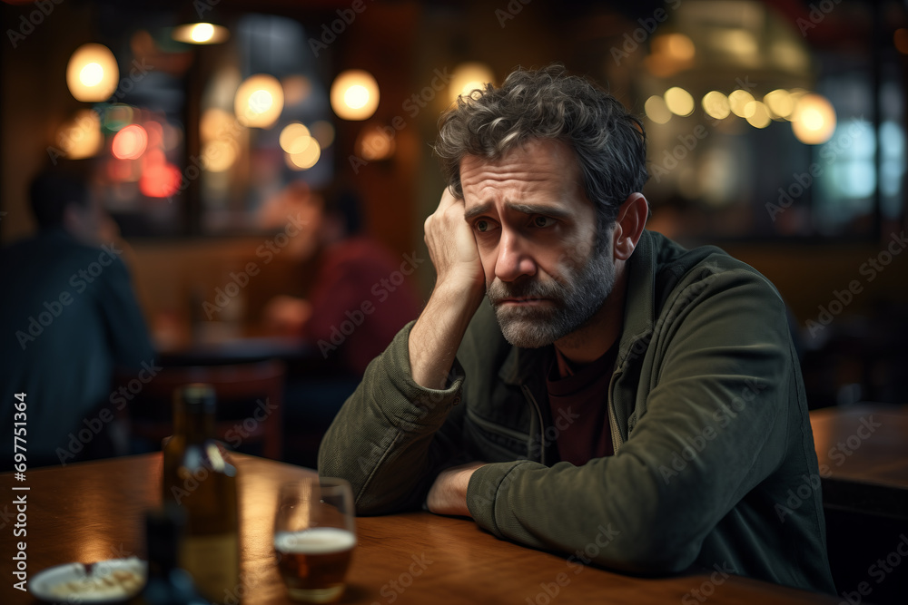 Alone with His Thoughts: Man Facing Depression and Alcoholism at a Bar