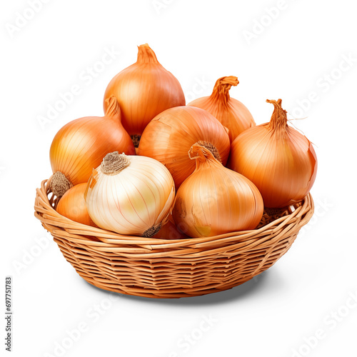 Onions in a basket isolated on white background.