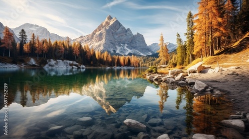 Lake in the mountains in the dolomites at sunrise  © Rosie