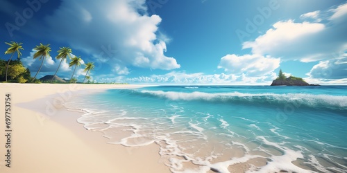 a beach with waves and palm trees