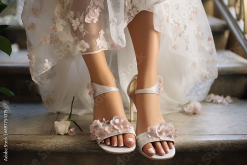 Beautiful well-groomed bride's feet close-up with pedicure, bride's nail design