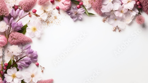 Spring flowers on white background with copy space. Flat lay, top view © Bilal