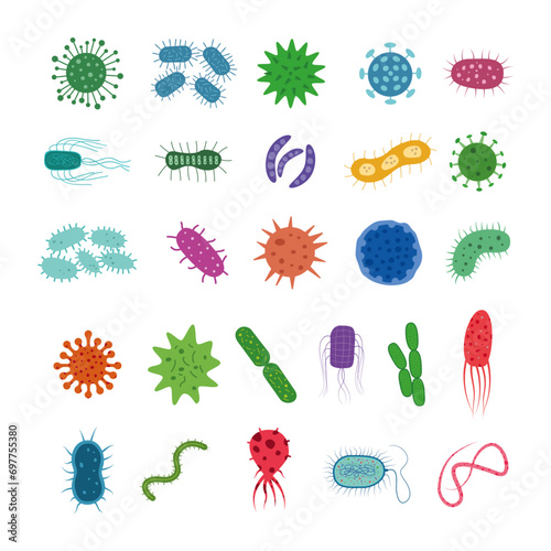 Virus, bacteria, microbes, germs, disease, causing isolated set. photo