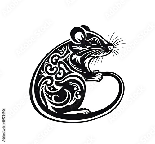 Ornate Rat Icon, Mouse Portrait Isolated, Chinese Horoscope Minimal Rat Symbol on White