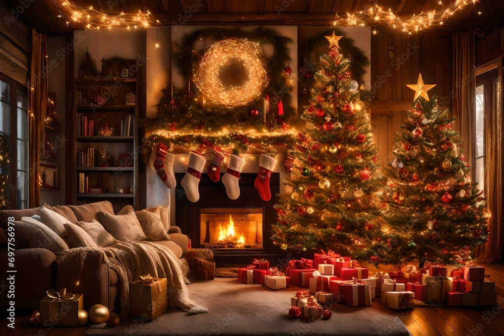 A cozy Christmas living room adorned with twinkling lights, crackling fireplace, and a lavishly decorated tree
