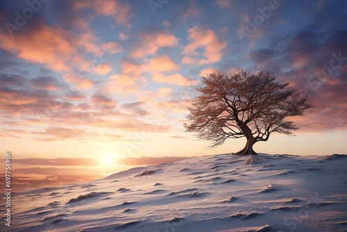Lonely tree on top of a hill in a snowy landscape, lithography, sunset: