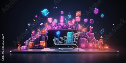 Digital online marketing commerce sale concept.online shopping and icon customer network connection on hologram virtual screen, m-banking and omni channel photo