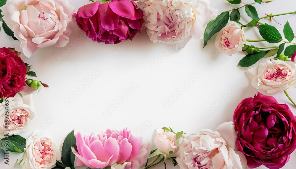 Peoniesroses on white background with copy space.Romantic feminine composition, mother's day,International Women day,generated with AI.