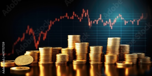 Finance and business concept. Investment graph and rows growth of coins on table, blue color tone