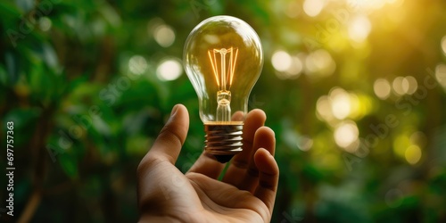Hand holding light bulb against nature on green leaf, Organization sustainable development environmental and business responsible environmental, Ecology, Energy sources for renewable