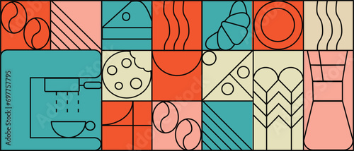 Coffee linear print. Pattern with coffee theme in geometric minimalistic style. Abstract shapes. Illustration for cover design, food package, menu, background, café wall, coffee shop, banner
