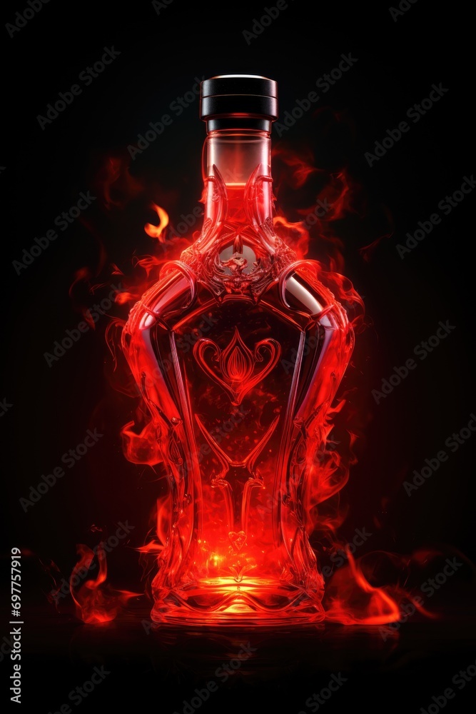 Cognac, vodka or whiskey bottle in fire. Closed burning glass flask with strong alcohol drink on black background with flame. Promo poster, banner, card Cognac, vodka or whiskey bottle in fire. Closed burning glass flask with strong alcohol drink on black background with flame. Promo poster, banner, card