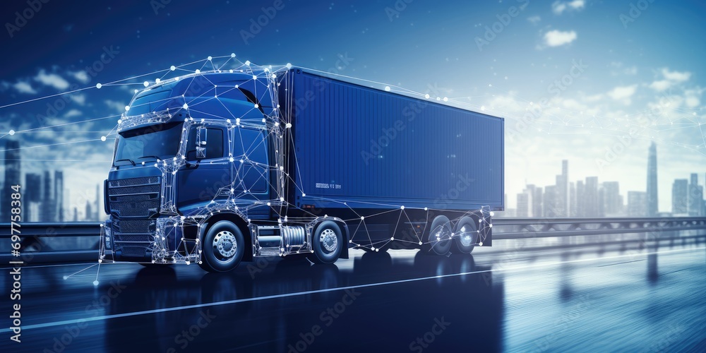 Transportation and logistic network distribution growth. Container cargo ship and trucks of industrial cargo freight for shipping. Business logistic import export and transport industry - obrazy, fototapety, plakaty 