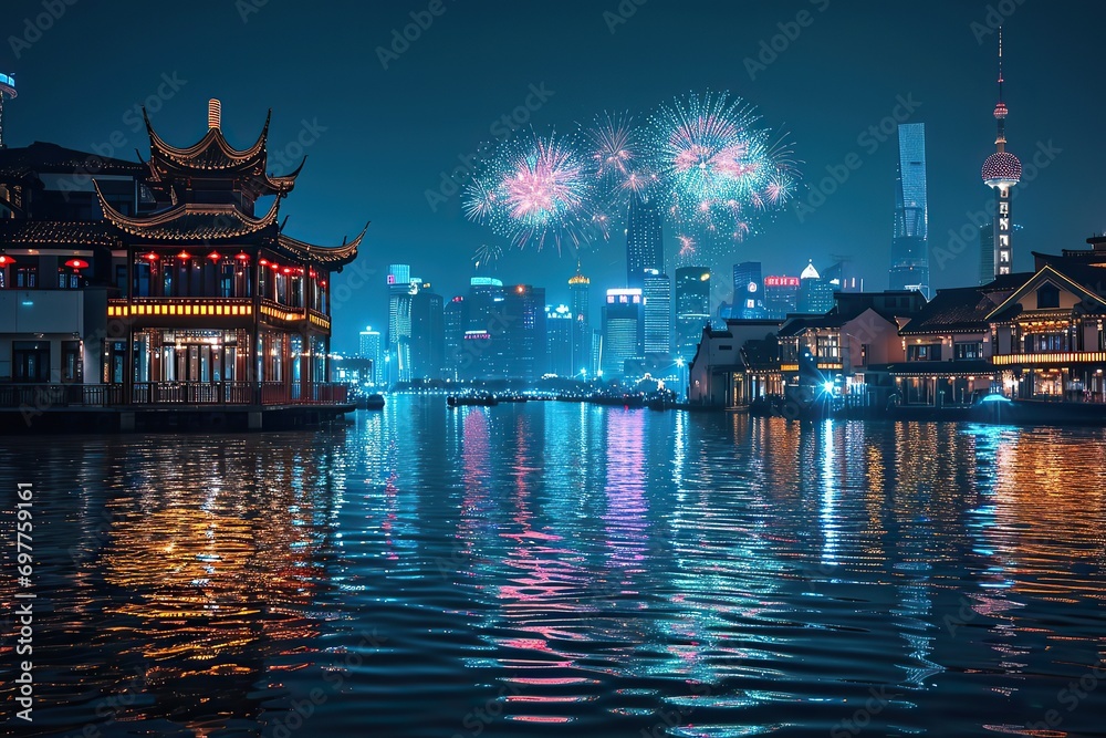 Obraz premium Houses on the waterfront, which are decorated with traditional Chinese paper lanterns, olorful fireworks exploding over Chinese skyscrapers in Shanghai on New Year