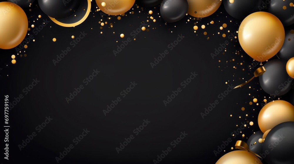 Black and golden balloons with gold frame on black background - obrazy, fototapety, plakaty 