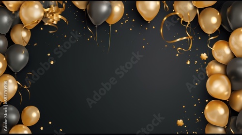 Black and silver balloons with gold confetti on black background