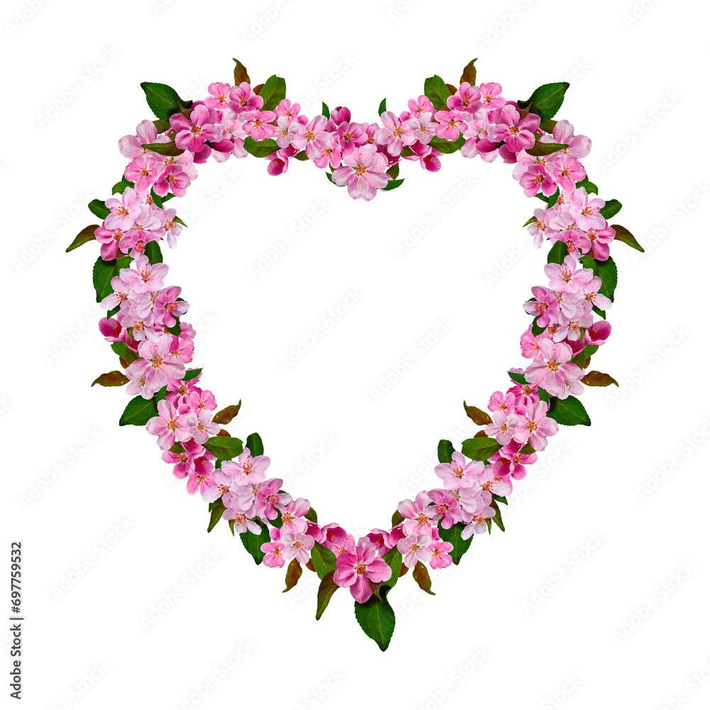 Spring flower arrangement. Festive frame of apple tree flowers in the shape of a heart isolated on white background. Valentine's Day background for postcards, stickers, prints, invitations.