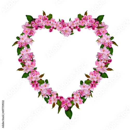 Spring flower arrangement. Festive frame of apple tree flowers in the shape of a heart isolated on white background. Valentine s Day background for postcards  stickers  prints  invitations.