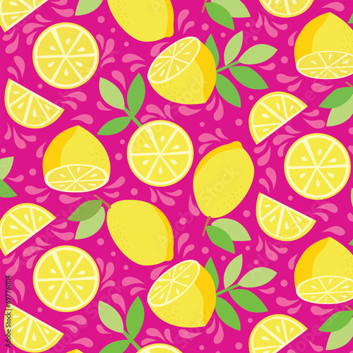 Beautiful seamless pattern with hand drawn lemons and blue green leaves.
