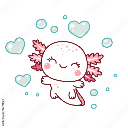 Cute axolotl among the bubbles of hearts. Valentine's day. Kawaii style. Doodle. 