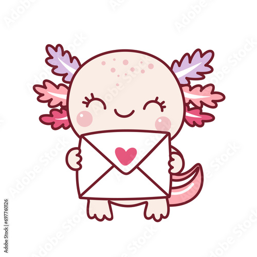 The cute axolotl holds Valentine card. Valentine's day. Kawaii style. Doodle. 