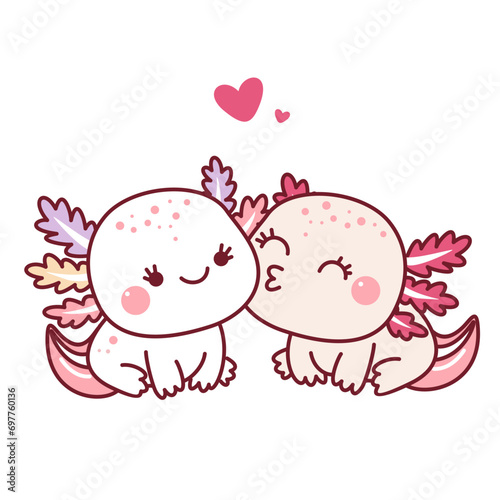 valentine's day. Kawaii style. One axolotl kisses another axolotl.