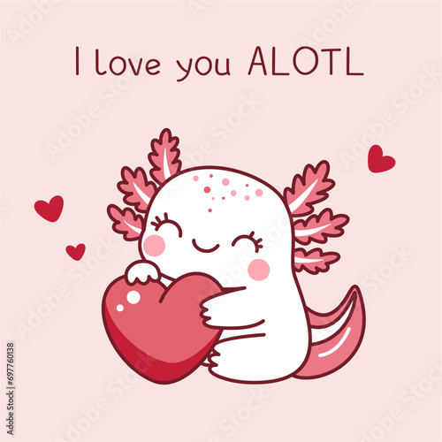 An axolotl with a big red heart. Valentine's day. Kawaii style