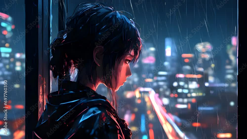 Background music, lofi anime girl headphones standing alone in the room with city night lights in the background, illustration lofi hip hop music. seamless looping video animation.