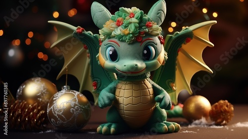 Christmas and new year postcard with green dragon-toy