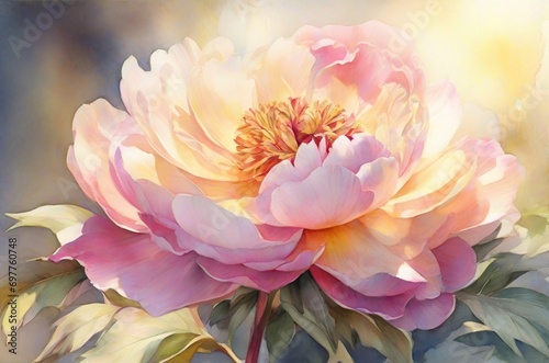 Watercolor beautiful pink peony flower on soft sunny background. AI generated