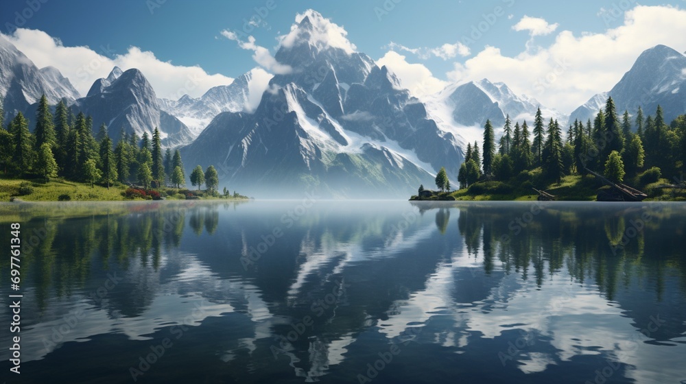 A tranquil mountain lake reflecting the surrounding peaks, creating a perfect mirror image on a calm day.