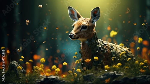 Little deer with yellow flowers in the forest.