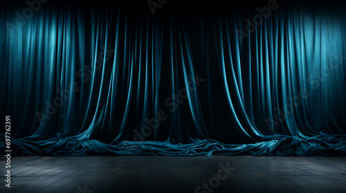 Classic banner with blue  theater curtains. Award ceremony background. Modern dark background with copy space. Generative AI photo