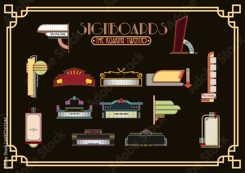 1900s - 1920s Style Lightboxes and Neon Signboards, Vector Templates for Retro Illustrations, Advertising 