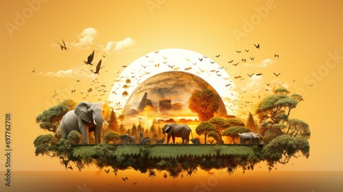 Elephants on the meadow at sunset. photo