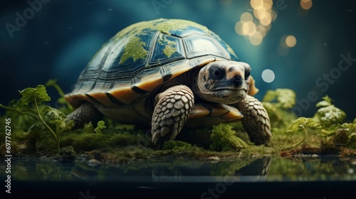 Turtle in the aquarium with green grass and bokeh background