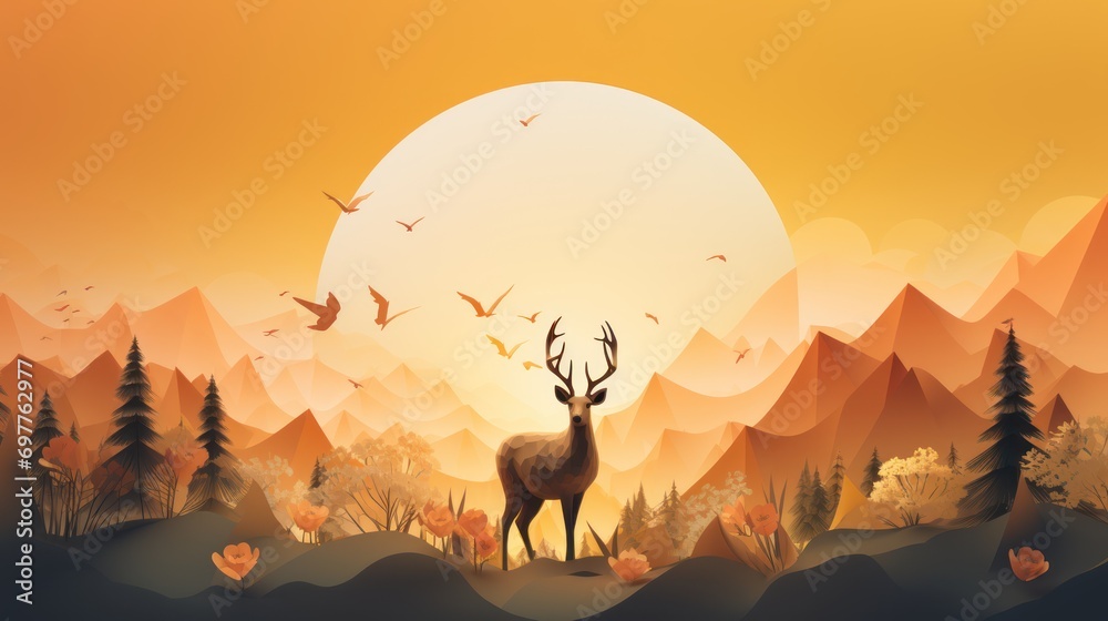 Mountain landscape with deer on the background of the sun