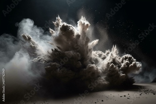 Dust bursts among clouds of powder on a dark background. Generative AI photo