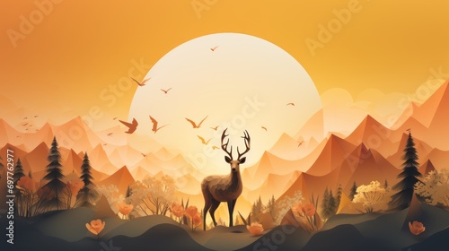Mountain landscape with deer on the background of the sun © Bilal