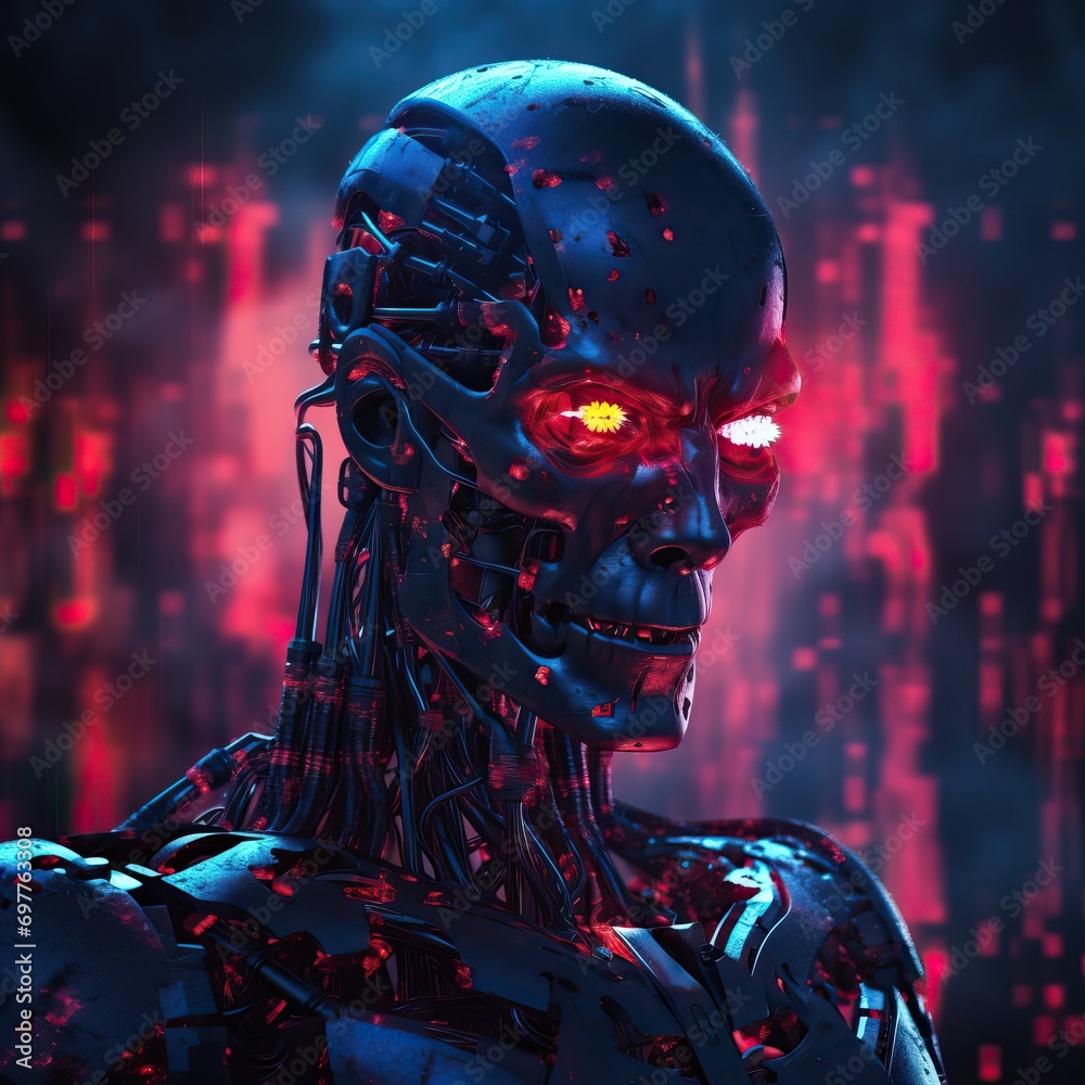 an evil Terminator-style artificial intelligence overheating. Cyan and red colors. Neon lights. Darkness. Dark background of circuits and binary codes descending vertically. 97:57. Great color contras - obrazy, fototapety, plakaty 