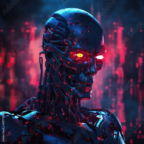 an evil Terminator-style artificial intelligence overheating. Cyan and red colors. Neon lights. Darkness. Dark background of circuits and binary codes descending vertically. 97:57. Great color contras photo