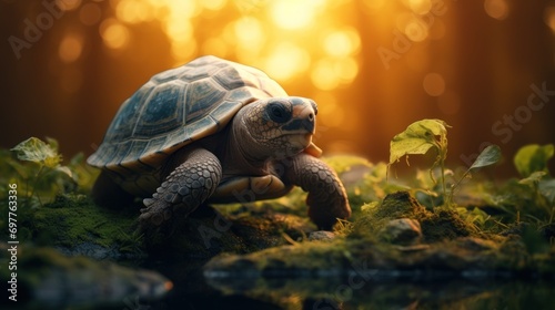 Turtle in the forest at sunset. Animal in the nature. © Ashfaq