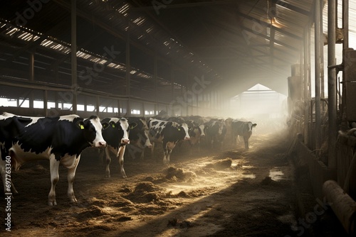 Cows feeding in barn. Generative AI