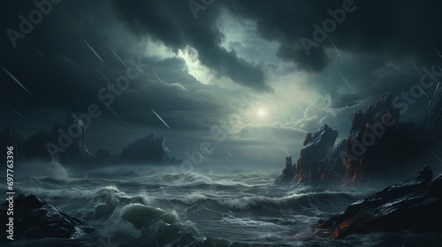 Billowing storm clouds brood over a rugged coastline, the impending tempest captured in chilling clarity.