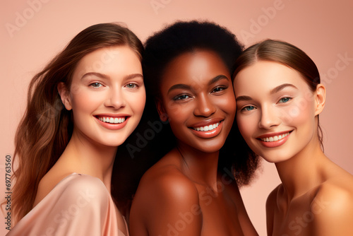 diverse, international beautiful young women. on a plain background. darkskinned, white photo